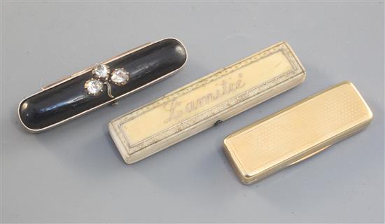 Three toothpick cases, French, English and Irish, 18th - 19th century, 3 7/8in.